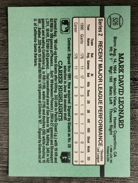 1991 Donruss #526 Mark Leonard RC