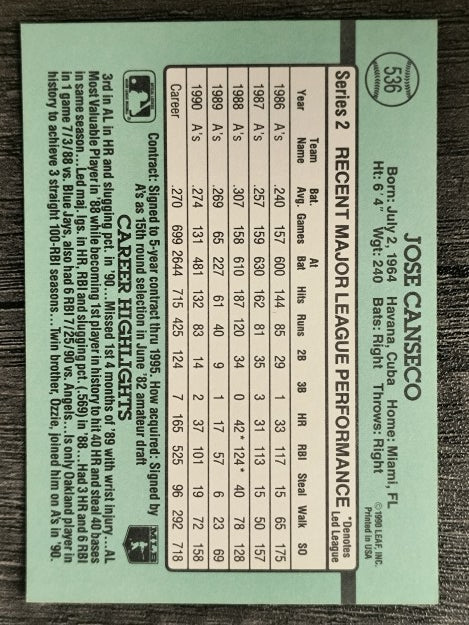 1991 Donruss #536 Jose Canseco