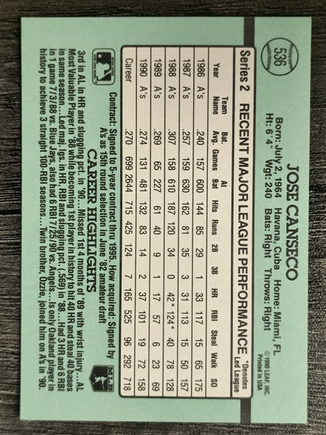 1991 Donruss #536 Jose Canseco