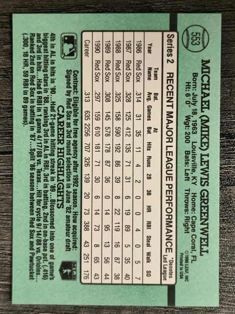 1991 Donruss #553 Mike Greenwell