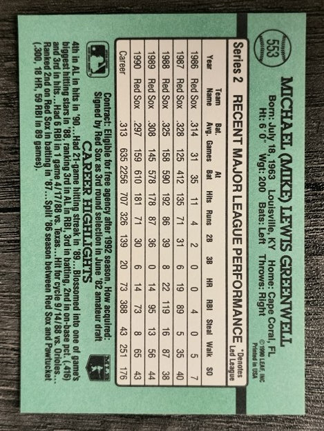 1991 Donruss #553 Mike Greenwell