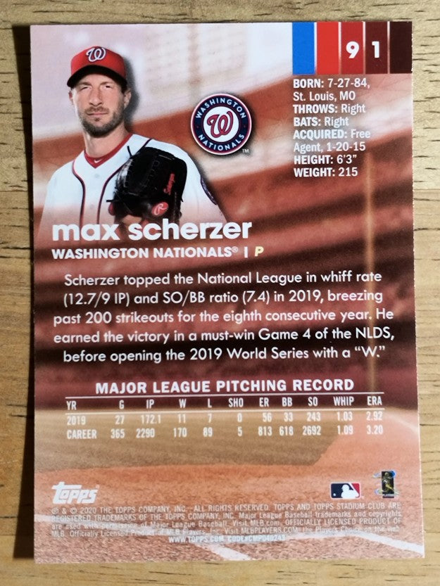 2020 Stadium Club Chrome #91 Max Scherzer
