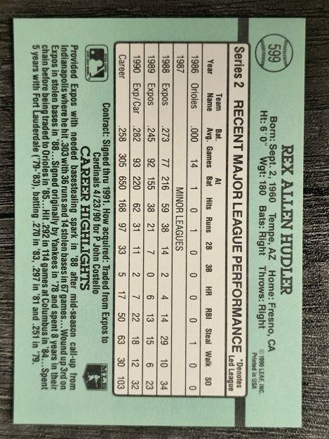 1991 Donruss #599 Rex Hudler