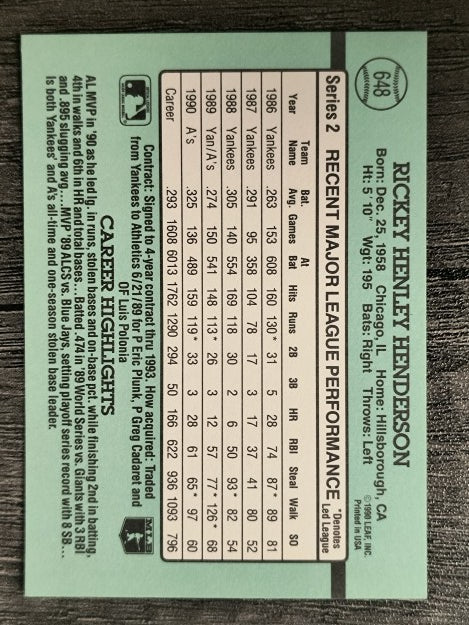 1991 Donruss #648 Rickey Henderson