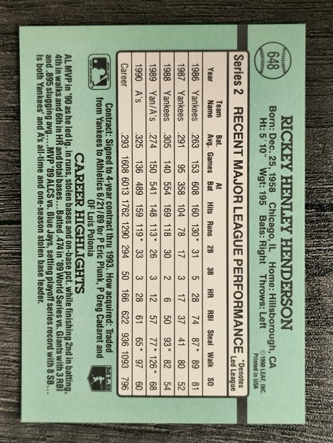 1991 Donruss #648 Rickey Henderson