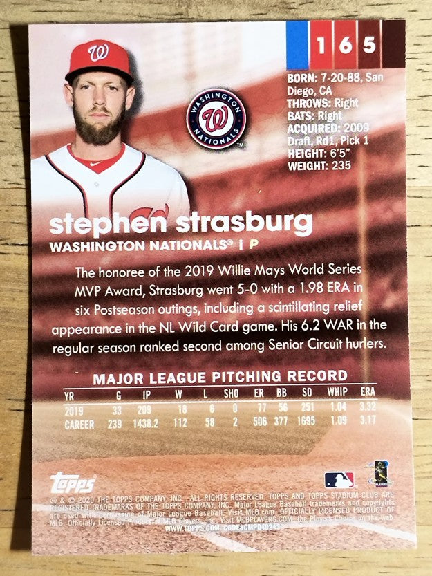 2020 Stadium Club Chrome #165 Stephen Strasburg