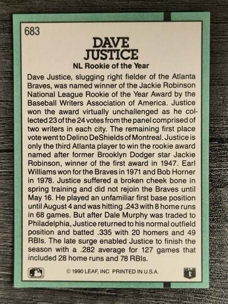 1991 Donruss #683 Dave Justice ROY