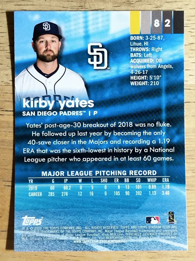 2020 Stadium Club Chrome #82 Kirby Yates