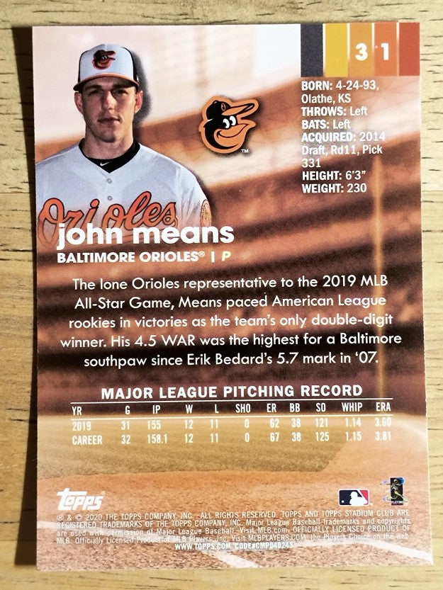 2020 Stadium Club Chrome #31 John Means