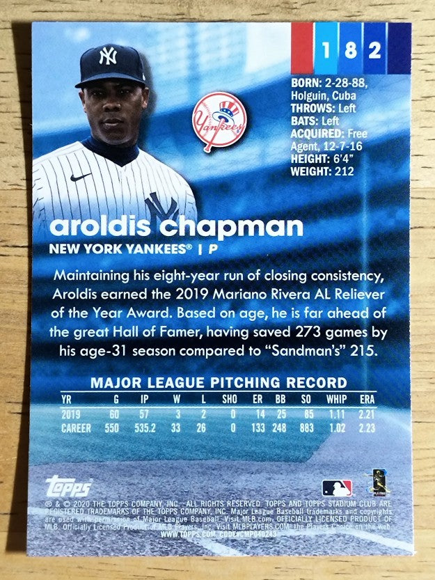 2020 Stadium Club Chrome #182 Aroldis Chapman