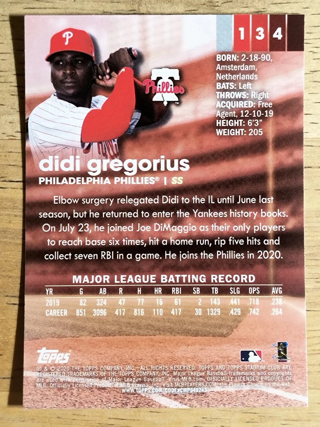 2020 Stadium Club Chrome #134 Didi Gregorius