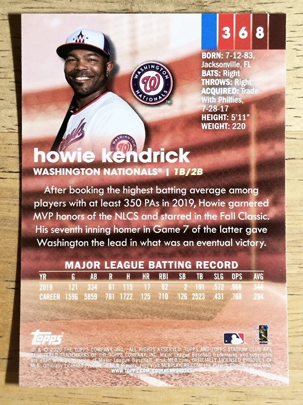 2020 Stadium Club Chrome #368 Howie Kendrick
