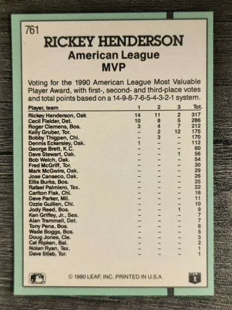1991 Donruss #761 Rickey Henderson MVP