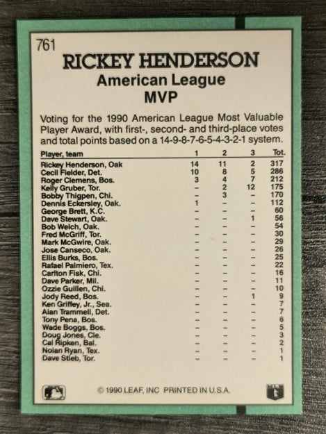 1991 Donruss #761 Rickey Henderson MVP