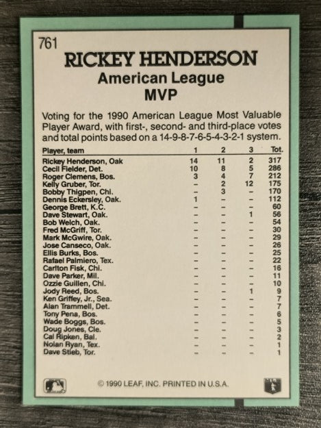 1991 Donruss #761 Rickey Henderson MVP