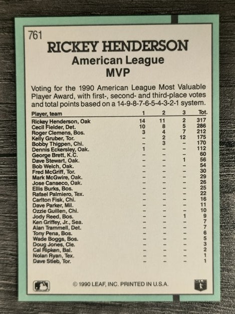 1991 Donruss #761 Rickey Henderson MVP