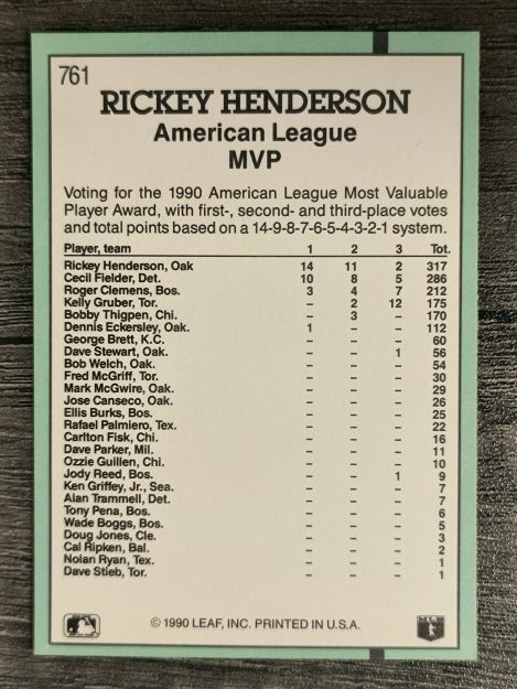 1991 Donruss #761 Rickey Henderson MVP