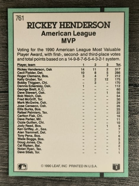 1991 Donruss #761 Rickey Henderson MVP