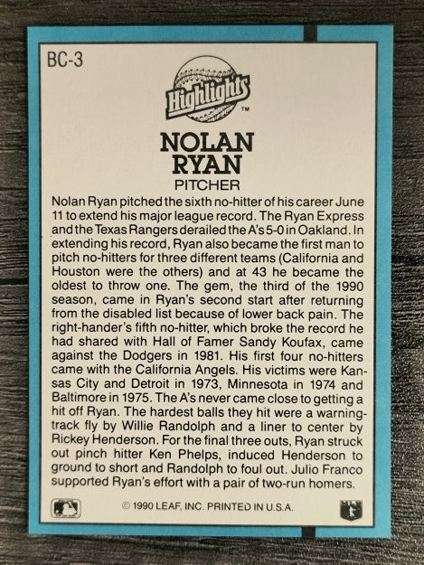 1991 Donruss Bonus Cards #BC3 Nolan Ryan NH