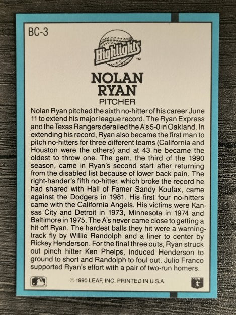 1991 Donruss Bonus Cards #BC3 Nolan Ryan NH