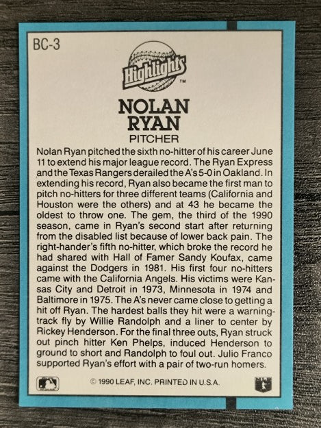 1991 Donruss Bonus Cards #BC3 Nolan Ryan NH