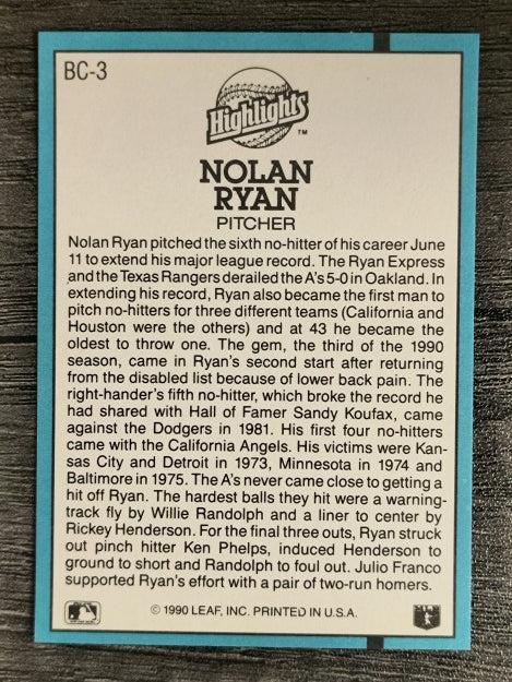 1991 Donruss Bonus Cards #BC3 Nolan Ryan NH