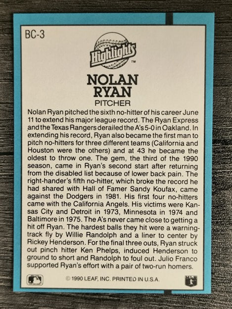 1991 Donruss Bonus Cards #BC3 Nolan Ryan NH