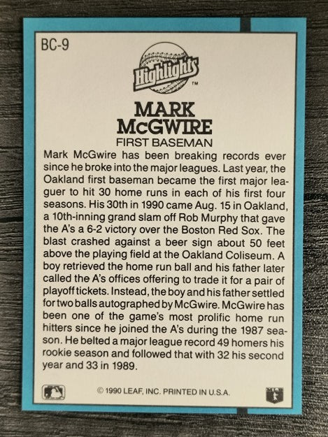 1991 Donruss Bonus Cards #BC9 Mark McGwire