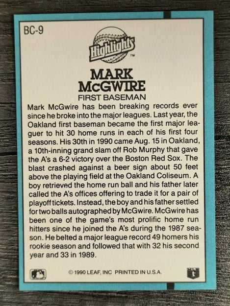 1991 Donruss Bonus Cards #BC9 Mark McGwire