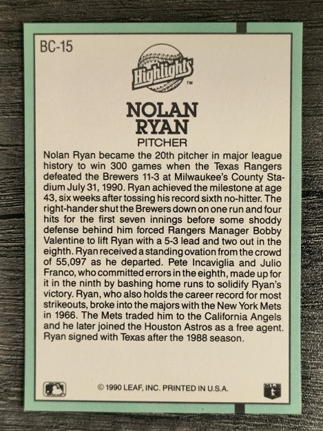 1991 Donruss Bonus Cards #BC15 Nolan Ryan 300W