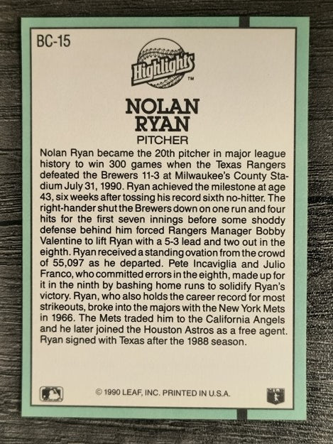 1991 Donruss Bonus Cards #BC15 Nolan Ryan 300W