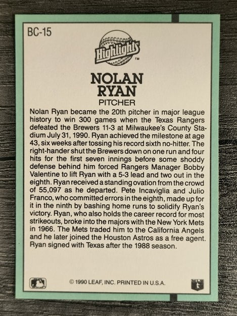 1991 Donruss Bonus Cards #BC15 Nolan Ryan 300W