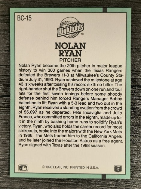 1991 Donruss Bonus Cards #BC15 Nolan Ryan 300W