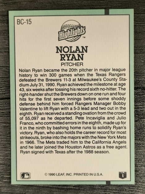 1991 Donruss Bonus Cards #BC15 Nolan Ryan 300W