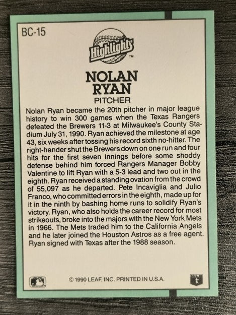 1991 Donruss Bonus Cards #BC15 Nolan Ryan 300W
