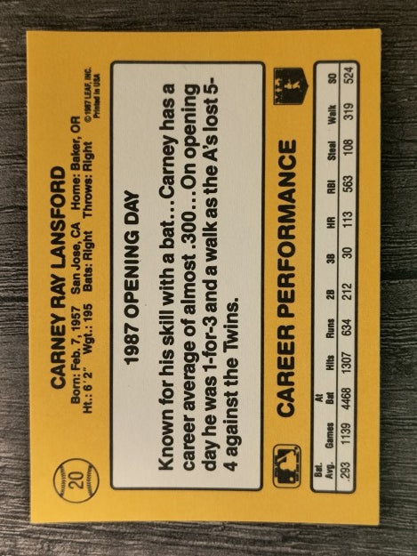 1987 Donruss Opening Day #20 Carney Lansford