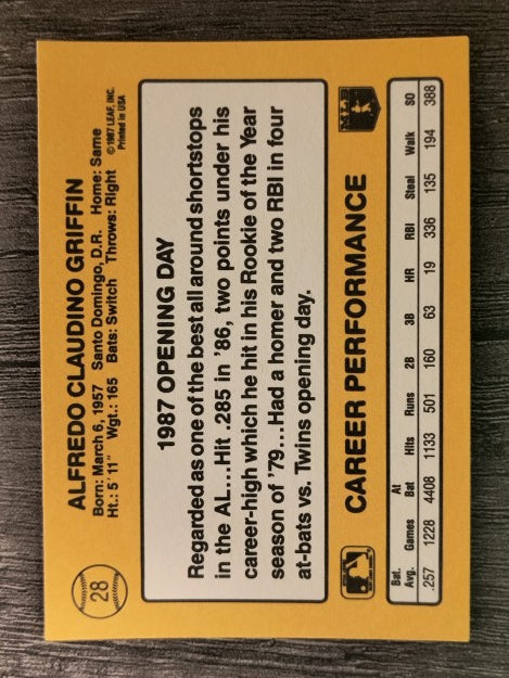 1987 Donruss Opening Day #28 Alfredo Griffin