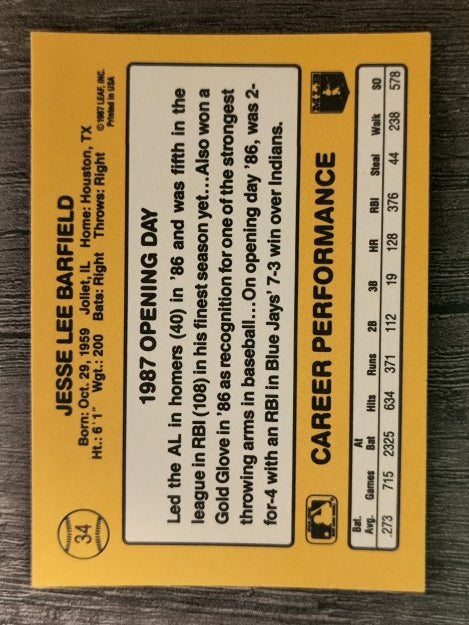 1987 Donruss Opening Day #34 Jesse Barfield