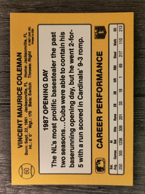 1987 Donruss Opening Day #60 Vince Coleman