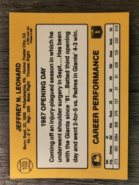 1987 Donruss Opening Day #103 Jeff Leonard