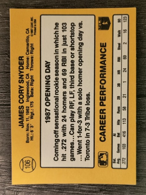 1987 Donruss Opening Day #106 Cory Snyder