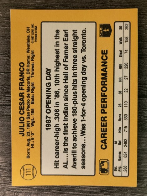 1987 Donruss Opening Day #111 Julio Franco