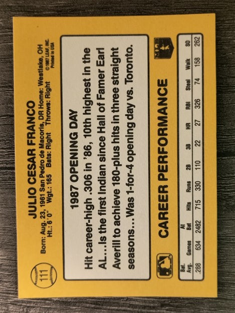 1987 Donruss Opening Day #111 Julio Franco