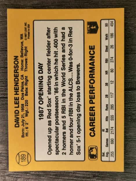 1987 Donruss Opening Day #189 Dave Henderson