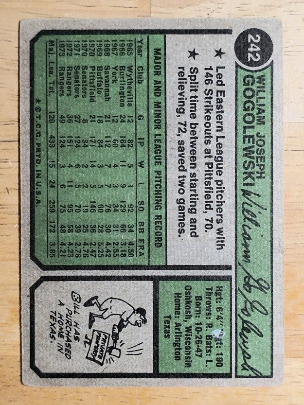 1974 Topps #242 Bill Gogolewski (POOR)