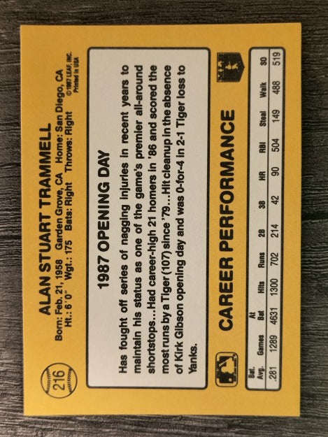 1987 Donruss Opening Day #216 Alan Trammell