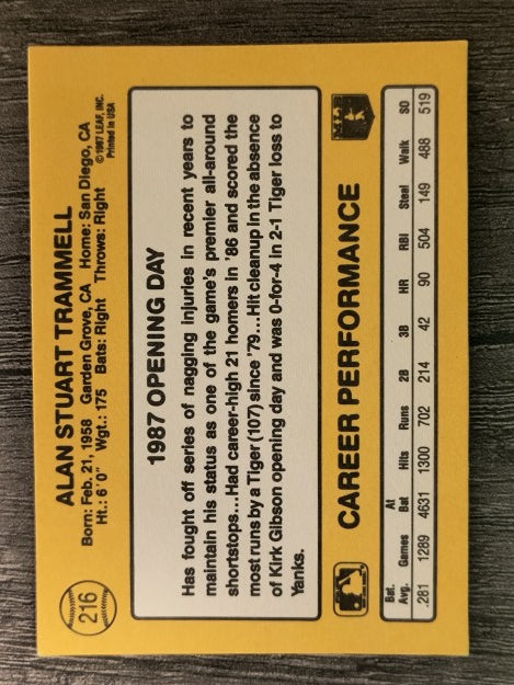 1987 Donruss Opening Day #216 Alan Trammell