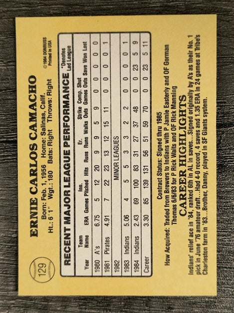 1985 Donruss #129 Ernie Camacho