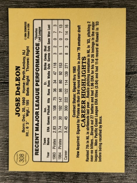 1985 Donruss #308 Jose DeLeon