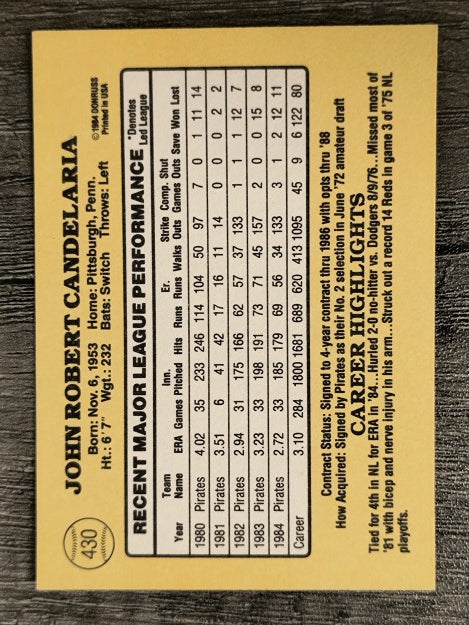 1985 Donruss #430 John Candelaria
